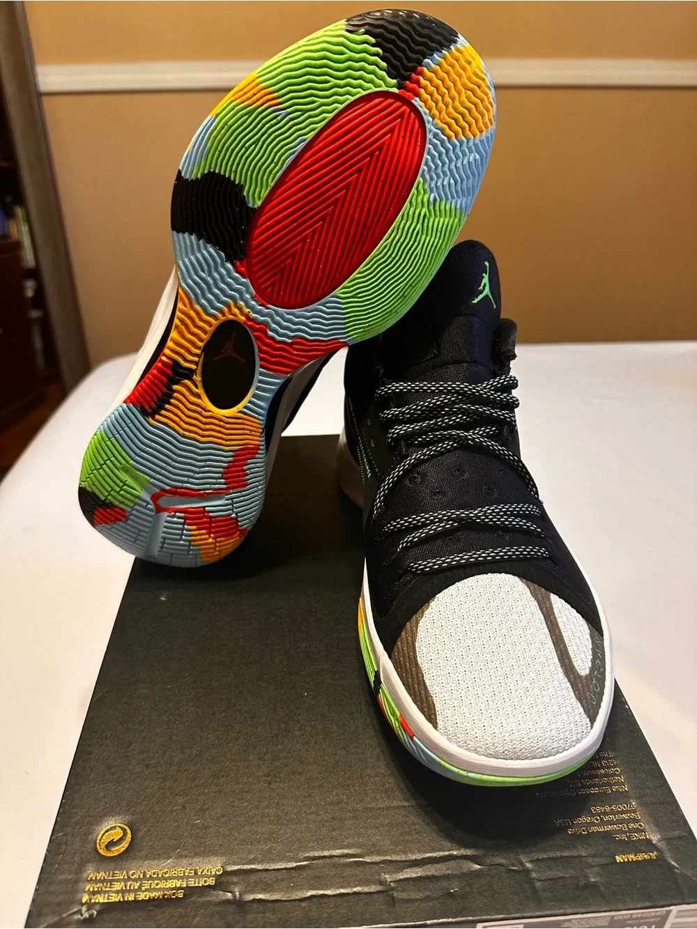 Jordan Men's Black Sneakers with White Toe and Rainbow Midsole Accent Box No Lid